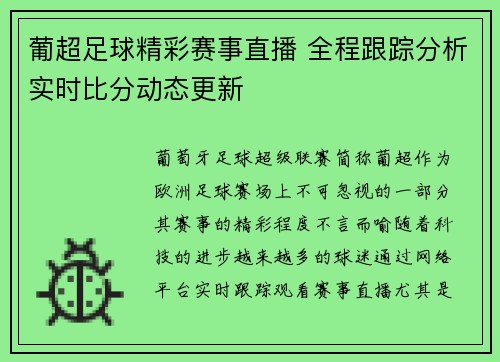 葡超足球精彩赛事直播 全程跟踪分析实时比分动态更新